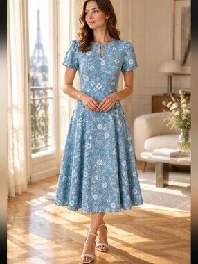 NY Collection Blue A-line Midi Dress with Pleats for Casual Wear Size Medium